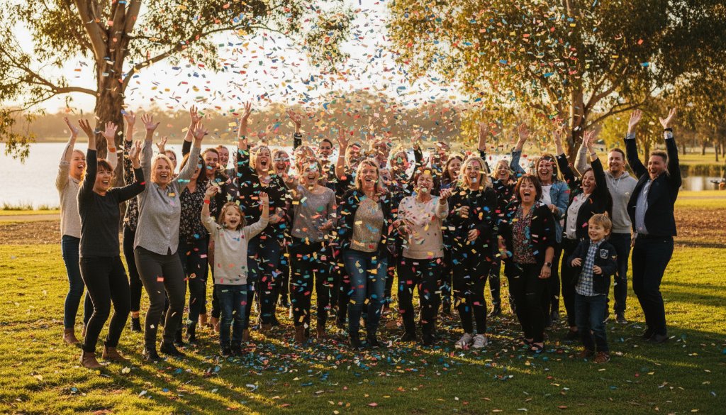 An epic moment of pure elation captured by Caroline Springs event photography capturing genuine joy, showing guests cheering with confetti falling at a vibrant outdoor celebration near the lake in Caroline Springs, Victoria, with dramatic golden hour lighting highlighting their expressions.