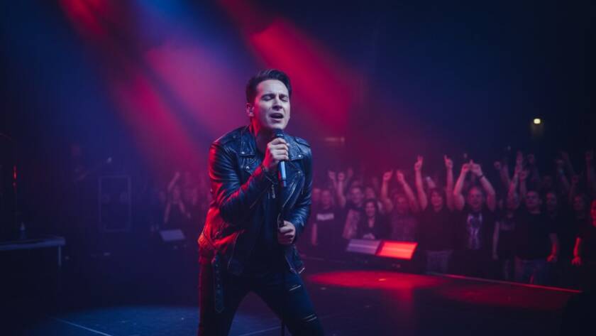 A dynamic and emotionally charged photograph capturing an epic moment during Caroline Springs vibrant live music photography, featuring a lead singer bathed in dramatic stage lighting, engaging with a cheering crowd.