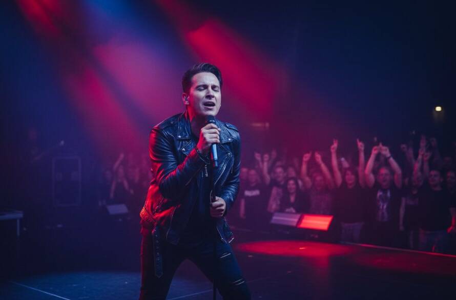 A dynamic and emotionally charged photograph capturing an epic moment during Caroline Springs vibrant live music photography, featuring a lead singer bathed in dramatic stage lighting, engaging with a cheering crowd.