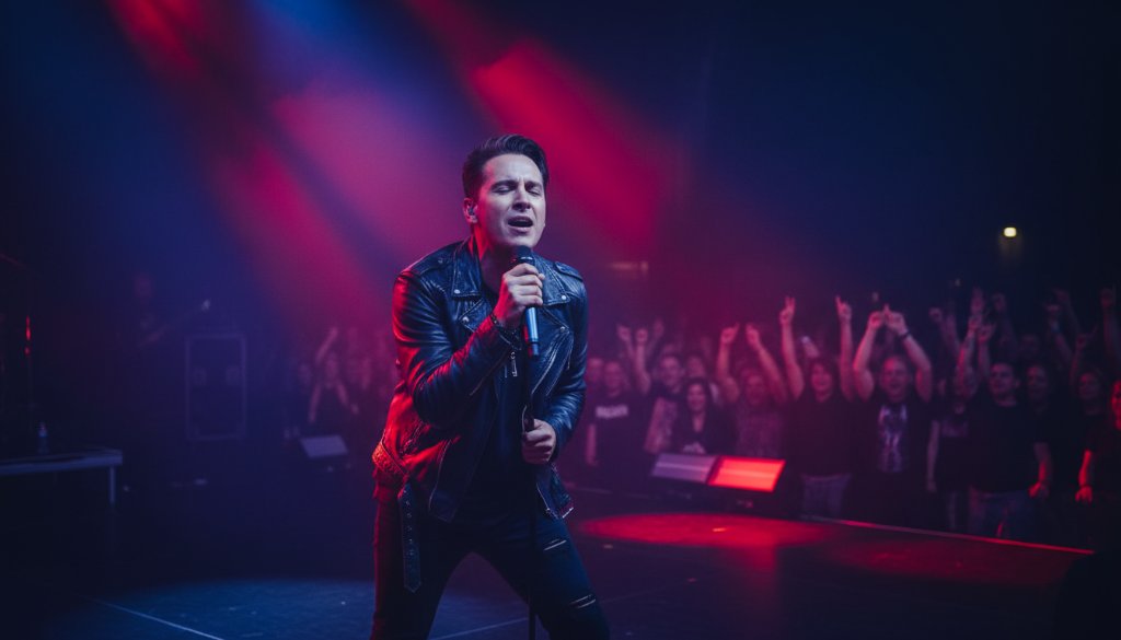 A dynamic and emotionally charged photograph capturing an epic moment during Caroline Springs vibrant live music photography, featuring a lead singer bathed in dramatic stage lighting, engaging with a cheering crowd.