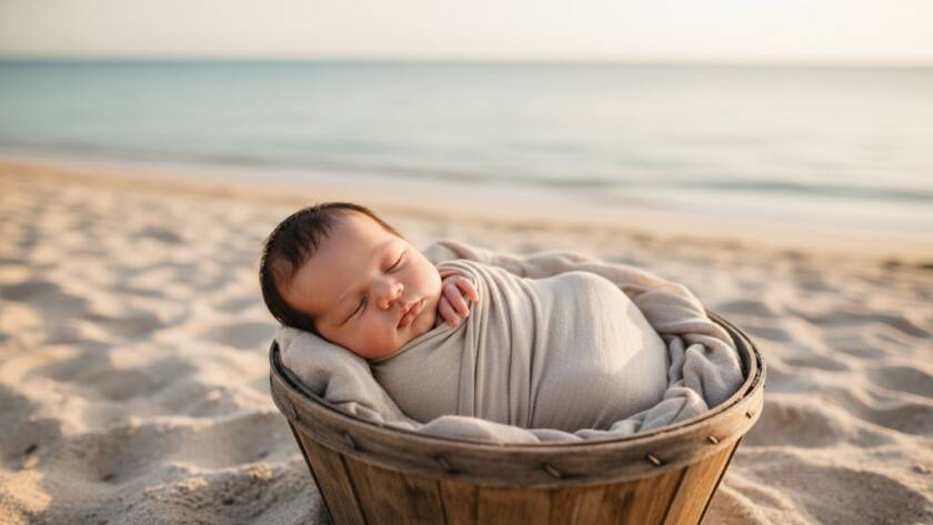 An intimate, sun-kissed Carrum baby photography precious moments portrait of a newborn nestled peacefully in a soft blanket, bathed in golden hour light on the Carrum foreshore, evoking warmth and serenity.