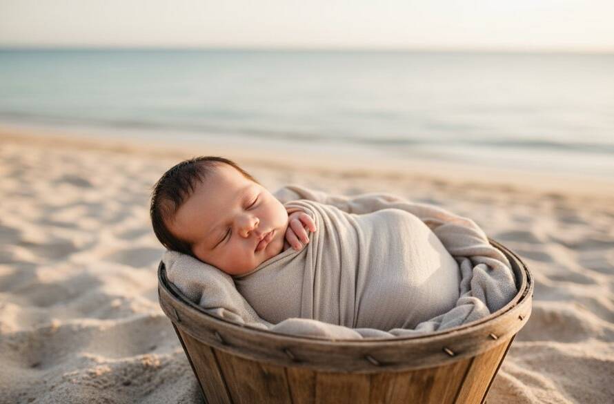 An intimate, sun-kissed Carrum baby photography precious moments portrait of a newborn nestled peacefully in a soft blanket, bathed in golden hour light on the Carrum foreshore, evoking warmth and serenity.