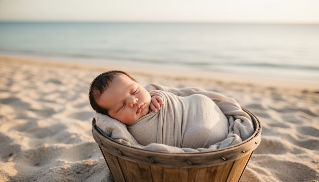 An intimate, sun-kissed Carrum baby photography precious moments portrait of a newborn nestled peacefully in a soft blanket, bathed in golden hour light on the Carrum foreshore, evoking warmth and serenity.