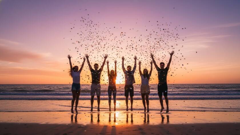 Guests cheering wildly under a sunset sky on Carrum Beach, capturing vibrant moments of a birthday celebration, expertly highlighted by professional Carrum Beach birthday photography vibrant moments.