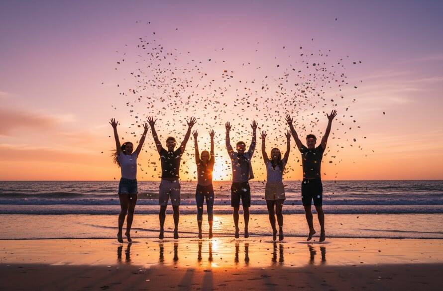 Guests cheering wildly under a sunset sky on Carrum Beach, capturing vibrant moments of a birthday celebration, expertly highlighted by professional Carrum Beach birthday photography vibrant moments.