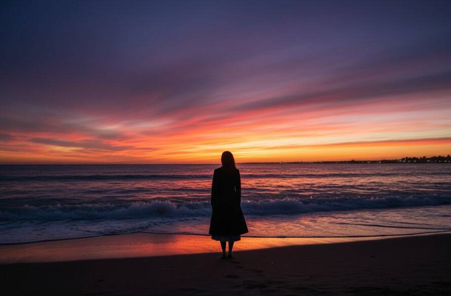 A dramatic sunset over Carrum Beach, Victoria, beautifully captured by Image by SD, showcasing a solitary figure silhouetted against the vibrant sky. This Carrum beach fine art photography captures the majestic beauty and serene coastal elegance, perfect for a professional portfolio hero shot.