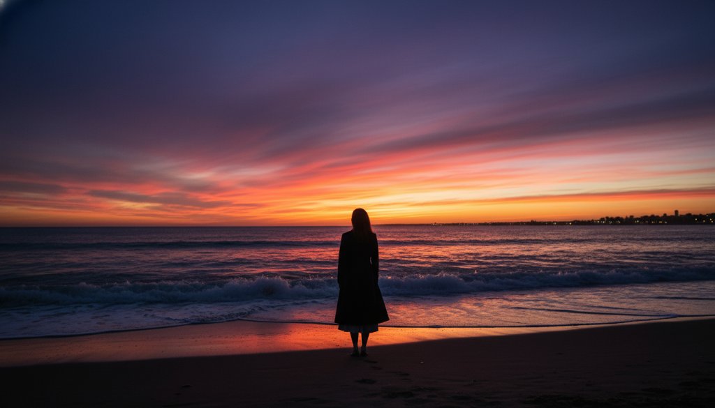 A dramatic sunset over Carrum Beach, Victoria, beautifully captured by Image by SD, showcasing a solitary figure silhouetted against the vibrant sky. This Carrum beach fine art photography captures the majestic beauty and serene coastal elegance, perfect for a professional portfolio hero shot.