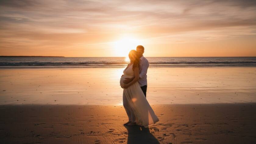 A breathtaking Carrum Beach golden hour maternity photoshoot moment featuring a pregnant woman silhouetted against a dramatic sunset over Port Phillip Bay, her partner gently embracing her, capturing a serene and epic landscape portrait.