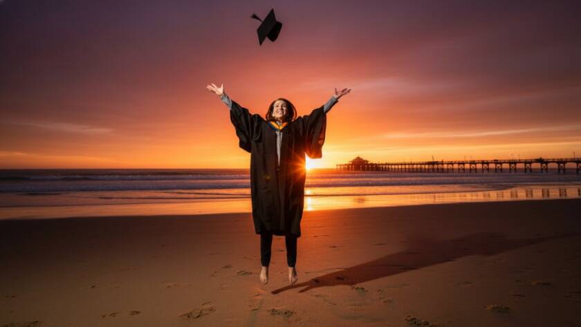 A triumphant graduate, cap thrown high, silhouetted against a vibrant sunset during their Carrum Beach Graduation Photoshoot Melbourne, capturing an epic moment of achievement and joy on the Victorian coastline.