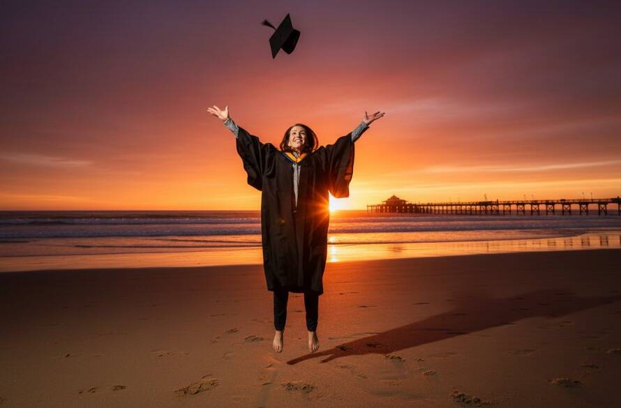 A triumphant graduate, cap thrown high, silhouetted against a vibrant sunset during their Carrum Beach Graduation Photoshoot Melbourne, capturing an epic moment of achievement and joy on the Victorian coastline.