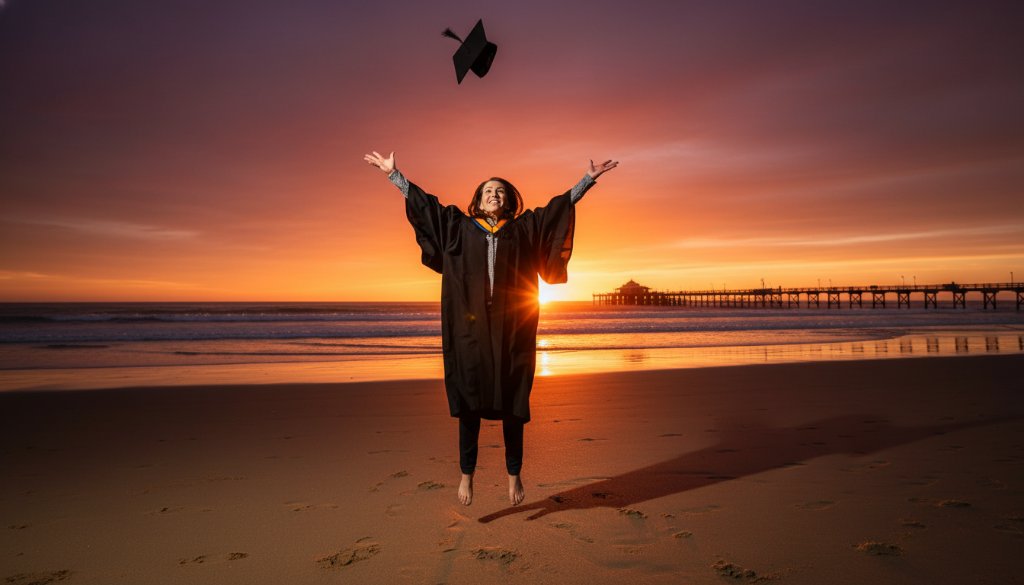 A triumphant graduate, cap thrown high, silhouetted against a vibrant sunset during their Carrum Beach Graduation Photoshoot Melbourne, capturing an epic moment of achievement and joy on the Victorian coastline.