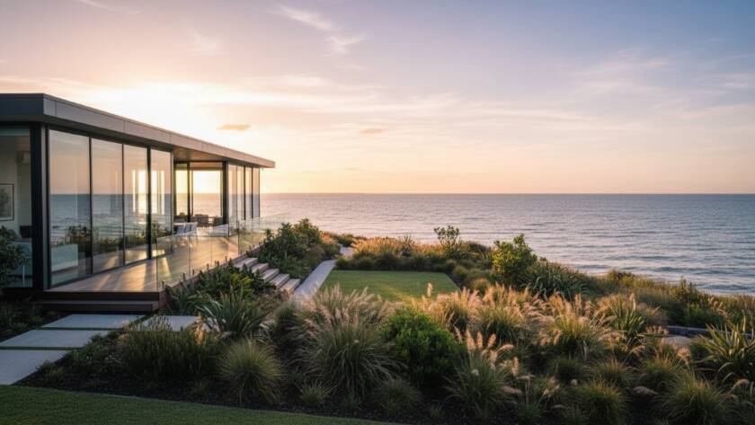 A wide-angle, cinematic photograph of a luxurious, modern beachfront home in Carrum at sunset, with golden light reflecting off large windows and the calm ocean, demonstrating Carrum beachfront property photography mastery.