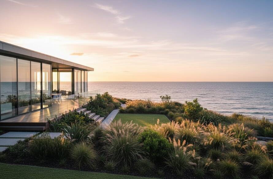 A wide-angle, cinematic photograph of a luxurious, modern beachfront home in Carrum at sunset, with golden light reflecting off large windows and the calm ocean, demonstrating Carrum beachfront property photography mastery.