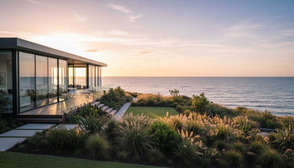 A wide-angle, cinematic photograph of a luxurious, modern beachfront home in Carrum at sunset, with golden light reflecting off large windows and the calm ocean, demonstrating Carrum beachfront property photography mastery.
