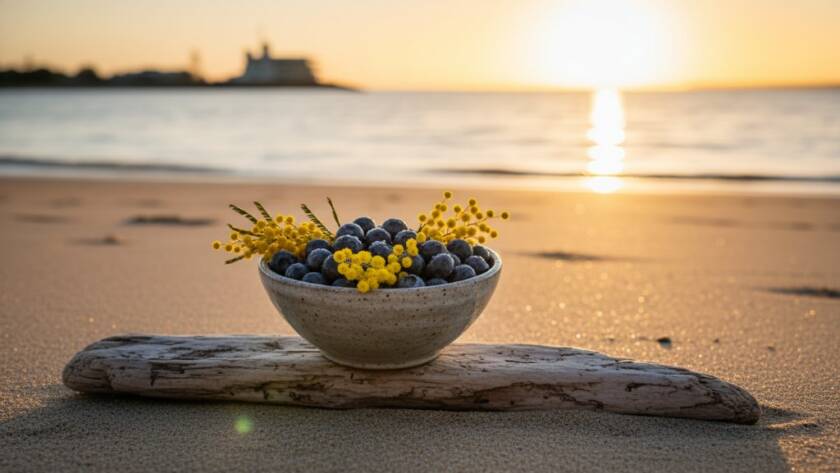 Dramatic wide-angle shot of a beautifully styled handmade ceramic mug, bathed in the golden hour glow of a Carrum beach sunset, with gentle waves in the background, embodying Carrum coastal lifestyle product photography.