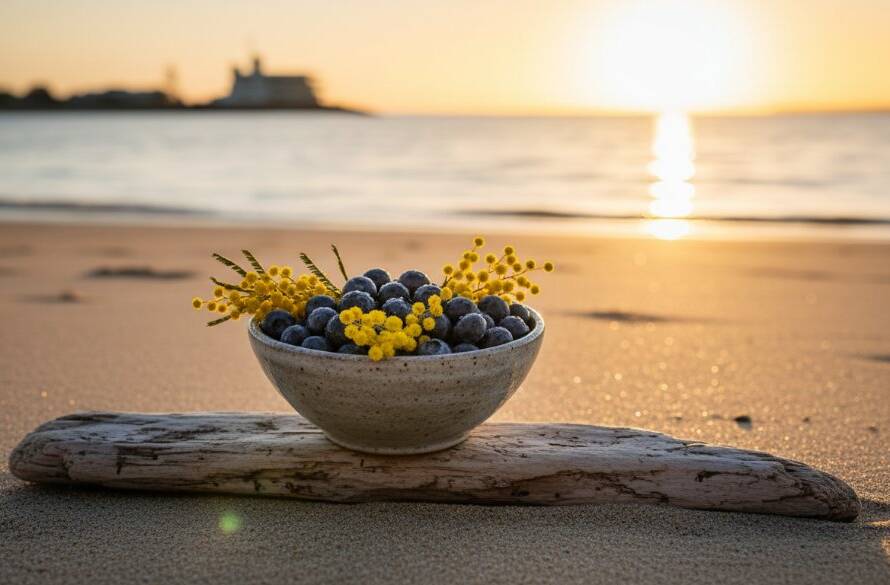 Dramatic wide-angle shot of a beautifully styled handmade ceramic mug, bathed in the golden hour glow of a Carrum beach sunset, with gentle waves in the background, embodying Carrum coastal lifestyle product photography.