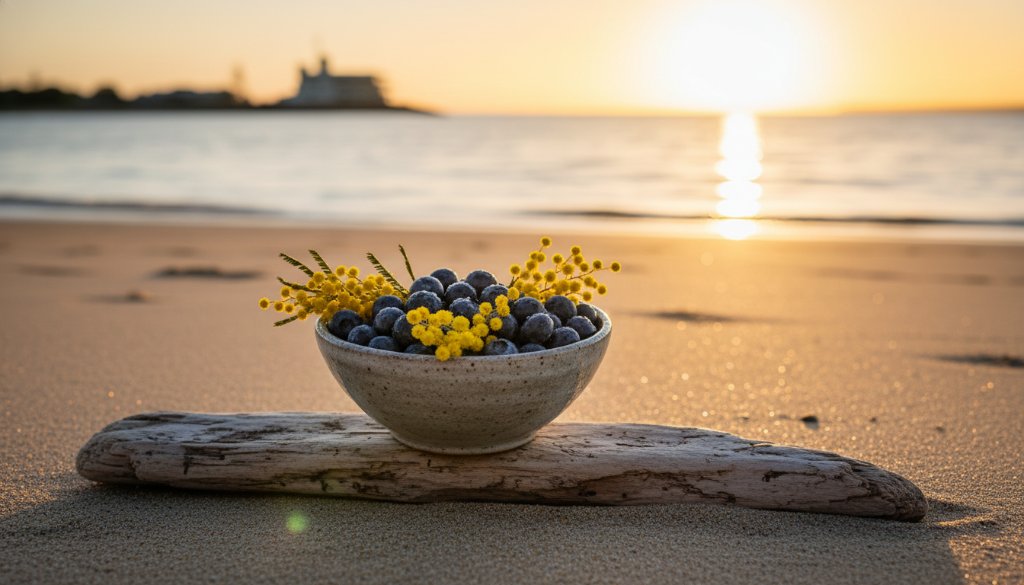 Dramatic wide-angle shot of a beautifully styled handmade ceramic mug, bathed in the golden hour glow of a Carrum beach sunset, with gentle waves in the background, embodying Carrum coastal lifestyle product photography.