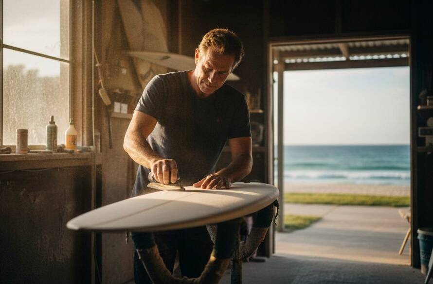A dynamic wide-angle shot demonstrating Carrum editorial photography capturing local stories, featuring a local artisan passionately crafting a surfboard against the backdrop of a vibrant Carrum beach sunset, with dramatic lighting and professional colour grading.