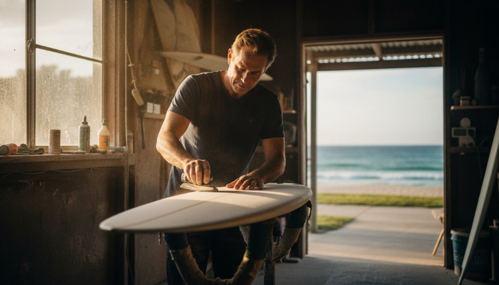 A dynamic wide-angle shot demonstrating Carrum editorial photography capturing local stories, featuring a local artisan passionately crafting a surfboard against the backdrop of a vibrant Carrum beach sunset, with dramatic lighting and professional colour grading.