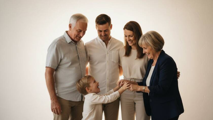 A heartwarming and professional Carrum studio family photography experience moment, featuring a family of four laughing joyfully, bathed in soft, dramatic studio lighting, showcasing genuine connection.