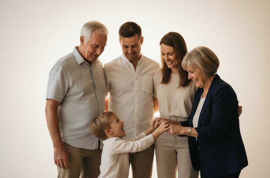A heartwarming and professional Carrum studio family photography experience moment, featuring a family of four laughing joyfully, bathed in soft, dramatic studio lighting, showcasing genuine connection.