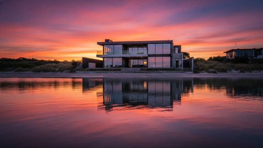 An epic, dramatic shot showcasing a modern Carrum beach house at sunset, highlighting its unique lines and textures against the golden hour sky, exemplifying Carrum's stunning coastal architecture photography.