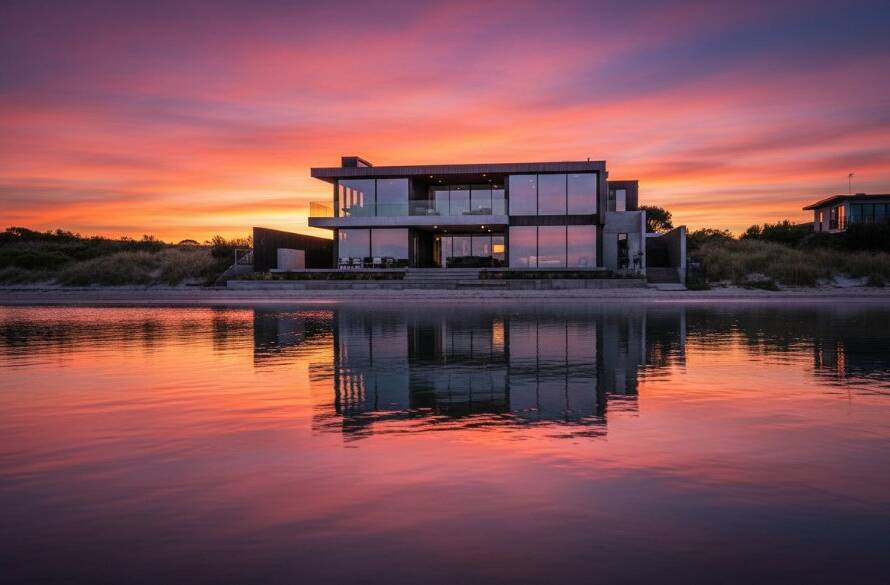 An epic, dramatic shot showcasing a modern Carrum beach house at sunset, highlighting its unique lines and textures against the golden hour sky, exemplifying Carrum's stunning coastal architecture photography.