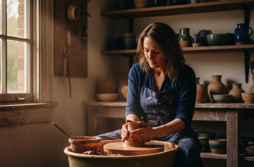 Dramatic, professionally lit photograph of a skilled artisan meticulously crafting a bespoke item in their historic Castlemaine workshop, showcasing the essence of Castlemaine advertising photography for artisanal brands with warm, golden light highlighting intricate details and dedication.
