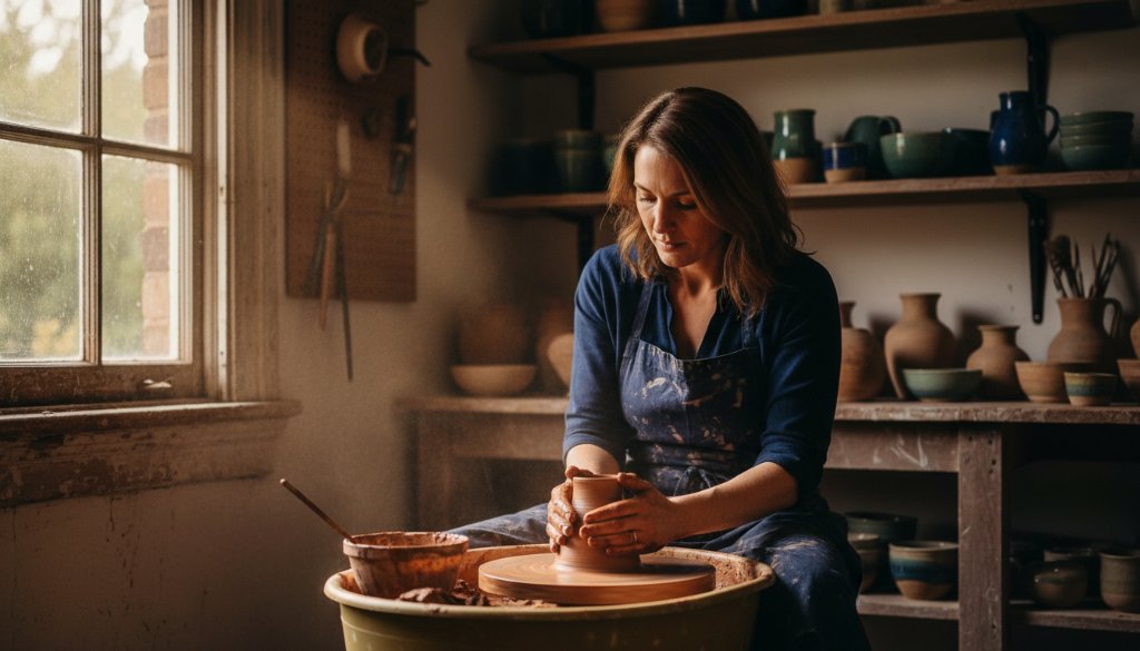 Dramatic, professionally lit photograph of a skilled artisan meticulously crafting a bespoke item in their historic Castlemaine workshop, showcasing the essence of Castlemaine advertising photography for artisanal brands with warm, golden light highlighting intricate details and dedication.
