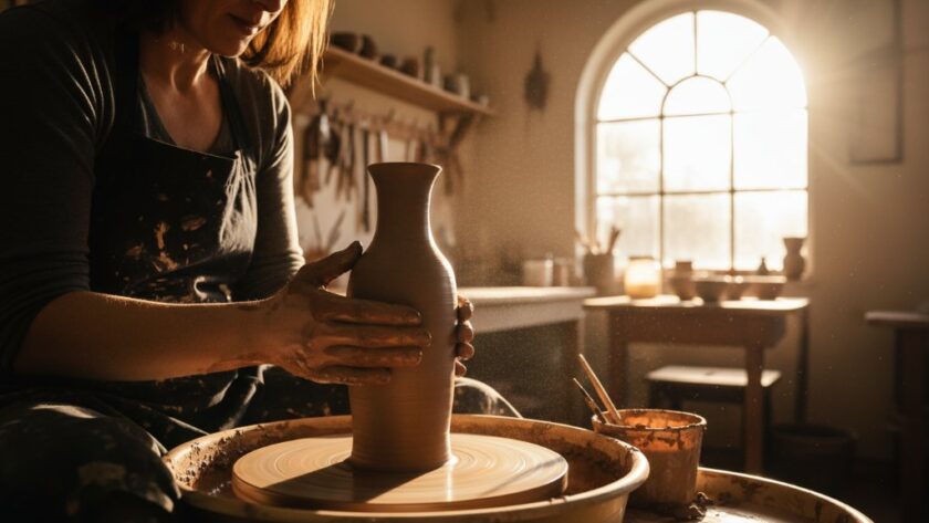A vibrant, professionally lit 'epic moment' photograph capturing the essence of a Castlemaine artisanal business photography showcase, featuring a skilled artisan meticulously crafting a bespoke item in their sun-drenched workshop, showcasing intricate details and authentic passion.