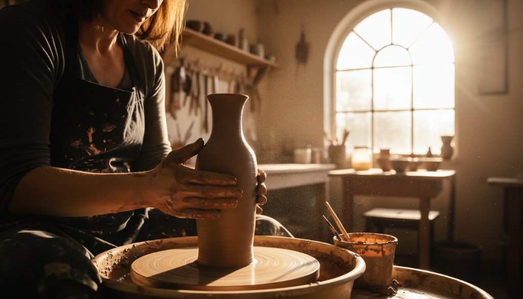 A vibrant, professionally lit 'epic moment' photograph capturing the essence of a Castlemaine artisanal business photography showcase, featuring a skilled artisan meticulously crafting a bespoke item in their sun-drenched workshop, showcasing intricate details and authentic passion.