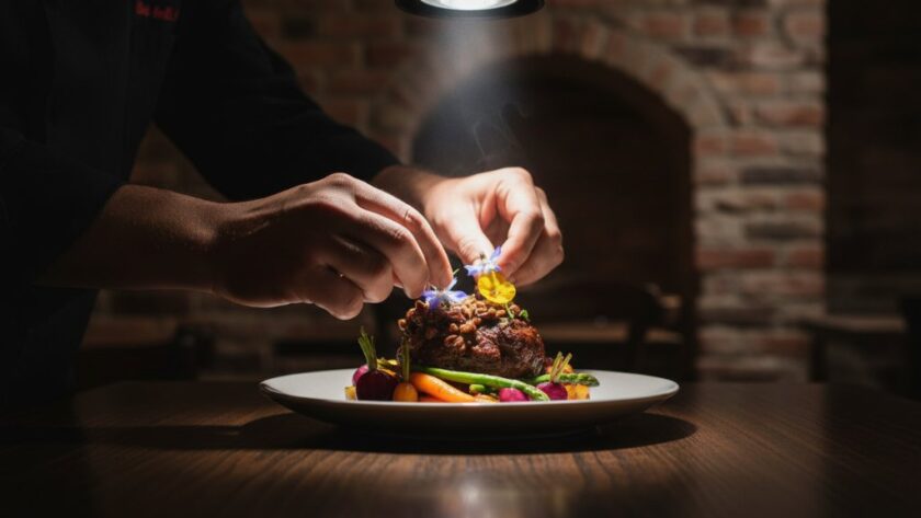 Close-up, dramatic low-light shot of a beautifully plated dish of local Castlemaine artisanal food, perfectly styled with steam rising, captured with professional Castlemaine artisanal food photography for local producers, showcasing its texture and freshness.