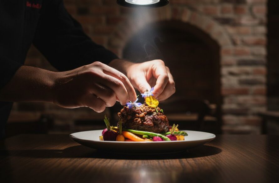 Close-up, dramatic low-light shot of a beautifully plated dish of local Castlemaine artisanal food, perfectly styled with steam rising, captured with professional Castlemaine artisanal food photography for local producers, showcasing its texture and freshness.