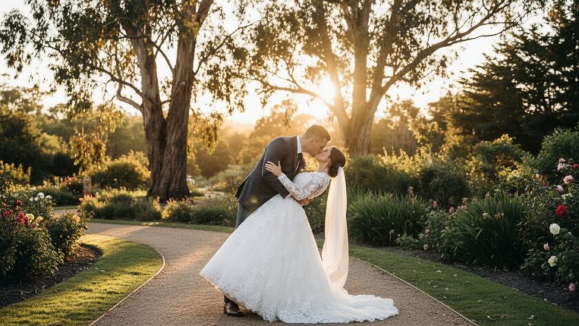 An enchanting wide shot of a newlywed couple sharing a tender kiss amidst the vibrant flora of the Castlemaine botanical gardens, beautifully capturing their dream wedding photography moment under golden hour light.