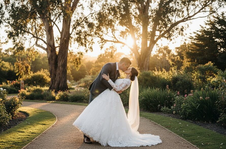 An enchanting wide shot of a newlywed couple sharing a tender kiss amidst the vibrant flora of the Castlemaine botanical gardens, beautifully capturing their dream wedding photography moment under golden hour light.