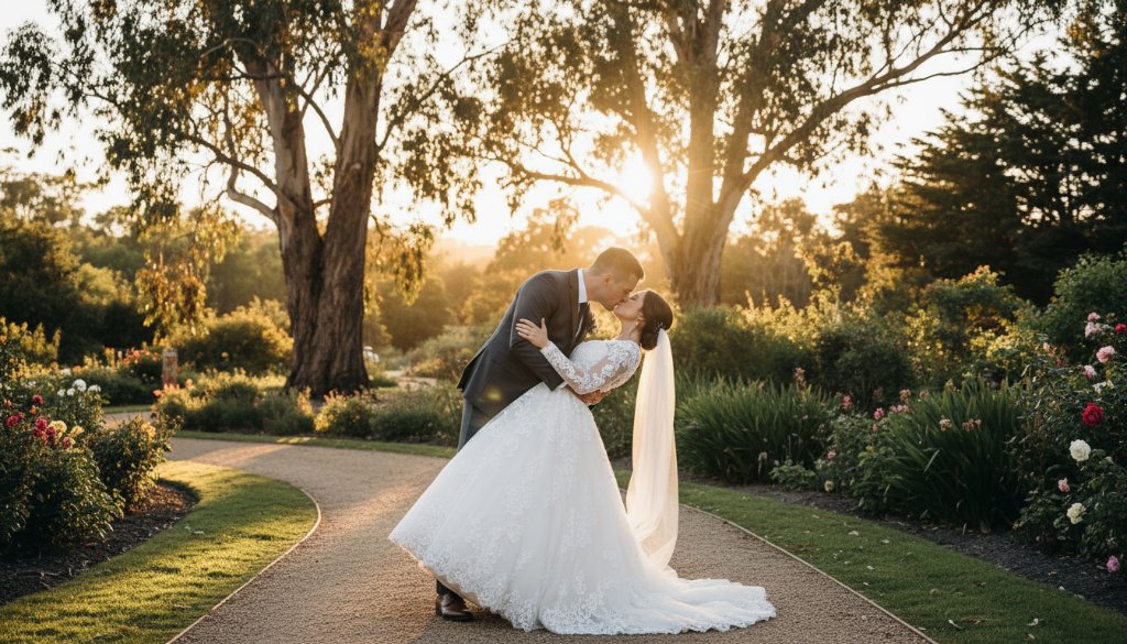 An enchanting wide shot of a newlywed couple sharing a tender kiss amidst the vibrant flora of the Castlemaine botanical gardens, beautifully capturing their dream wedding photography moment under golden hour light.