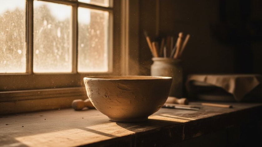 Dynamic wide-angle shot featuring a handcrafted ceramic coffee mug, beautifully illuminated by a ray of natural light filtering through an old workshop window in Castlemaine, highlighting its unique textures and artisan quality. This represents exceptional Castlemaine boutique product photography for local makers.