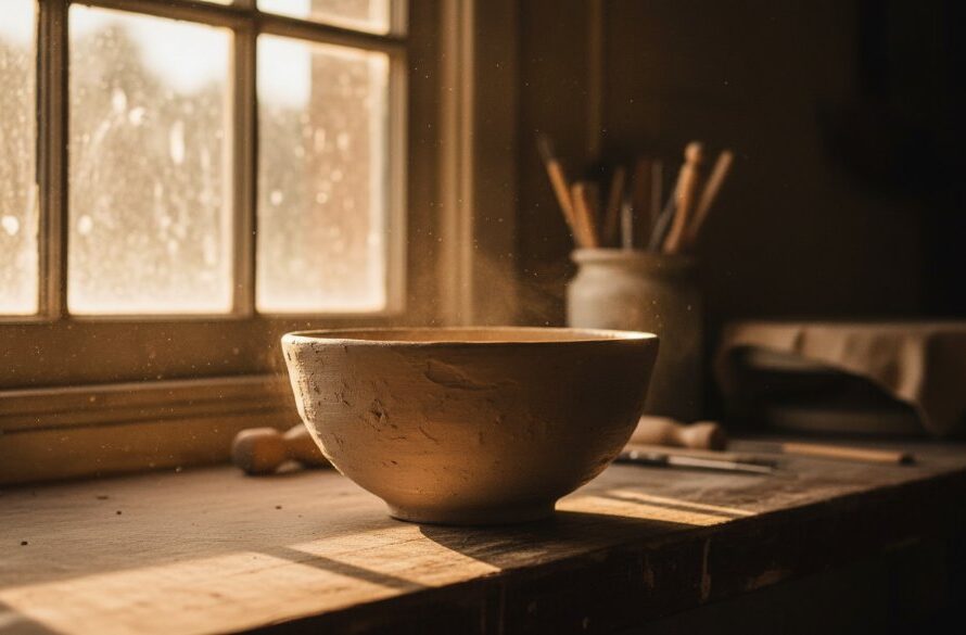 Dynamic wide-angle shot featuring a handcrafted ceramic coffee mug, beautifully illuminated by a ray of natural light filtering through an old workshop window in Castlemaine, highlighting its unique textures and artisan quality. This represents exceptional Castlemaine boutique product photography for local makers.