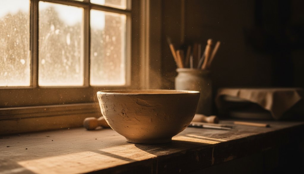 Dynamic wide-angle shot featuring a handcrafted ceramic coffee mug, beautifully illuminated by a ray of natural light filtering through an old workshop window in Castlemaine, highlighting its unique textures and artisan quality. This represents exceptional Castlemaine boutique product photography for local makers.