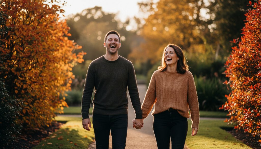 An epic, emotionally charged photograph showcasing Castlemaine candid photography capturing genuine moments Victoria, featuring a couple laughing spontaneously under dramatic golden hour light, near the historic Castlemaine Botanic Gardens, with vibrant autumn colours, expertly composed for a cinematic feel.