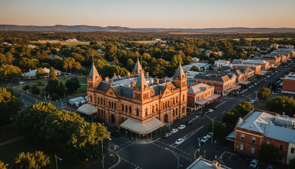 An epic aerial photograph showcasing Castlemaine drone photography capturing heritage beauty, with the historic town bathed in golden hour light, highlighting ornate Victorian architecture and surrounding serene landscapes from a dramatic high angle.
