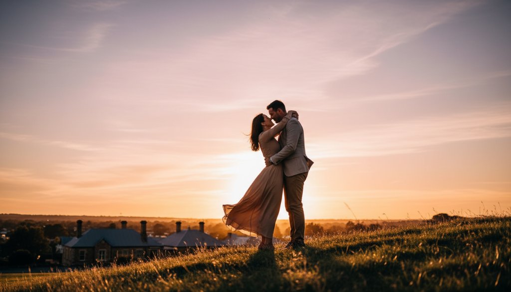 An engaged couple embraces passionately on a hilltop overlooking Castlemaine at sunset, with golden light illuminating their joyful expressions, expertly showcasing Castlemaine engagement photography capturing sunset magic.