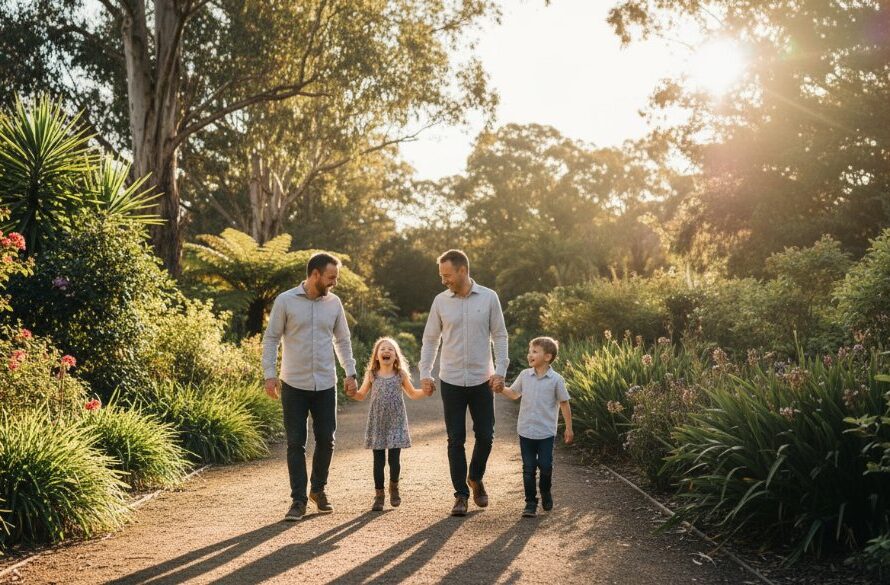 An epic moment of a Castlemaine family photography authentic moments session, where parents joyfully lift their child high amidst golden hour light in a lush Castlemaine botanical garden, capturing genuine laughter and connection.