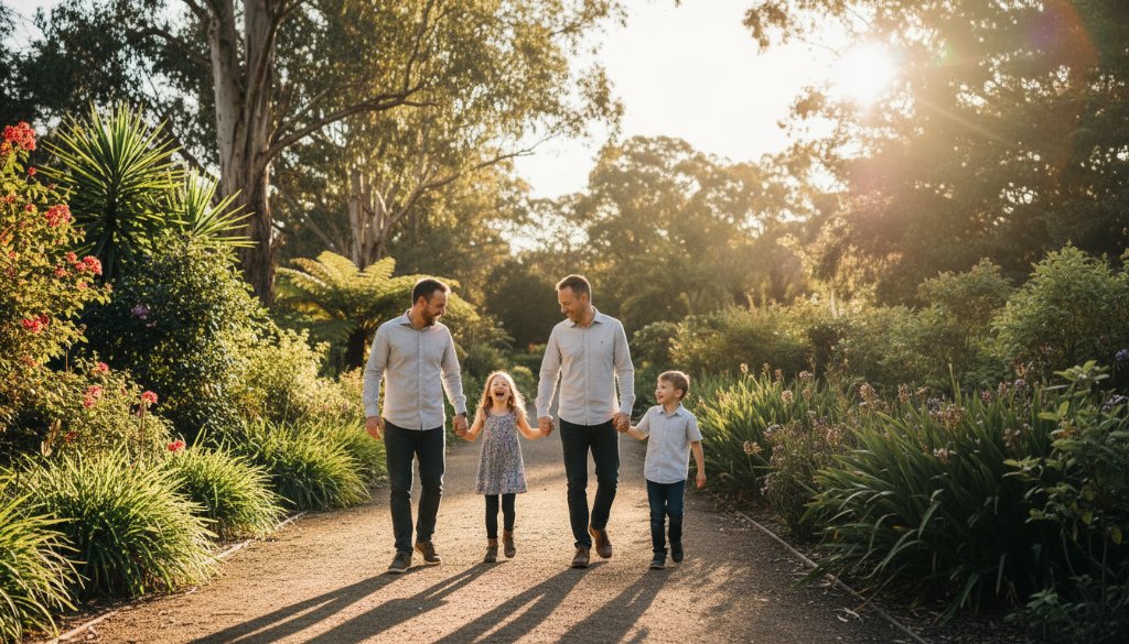 An epic moment of a Castlemaine family photography authentic moments session, where parents joyfully lift their child high amidst golden hour light in a lush Castlemaine botanical garden, capturing genuine laughter and connection.