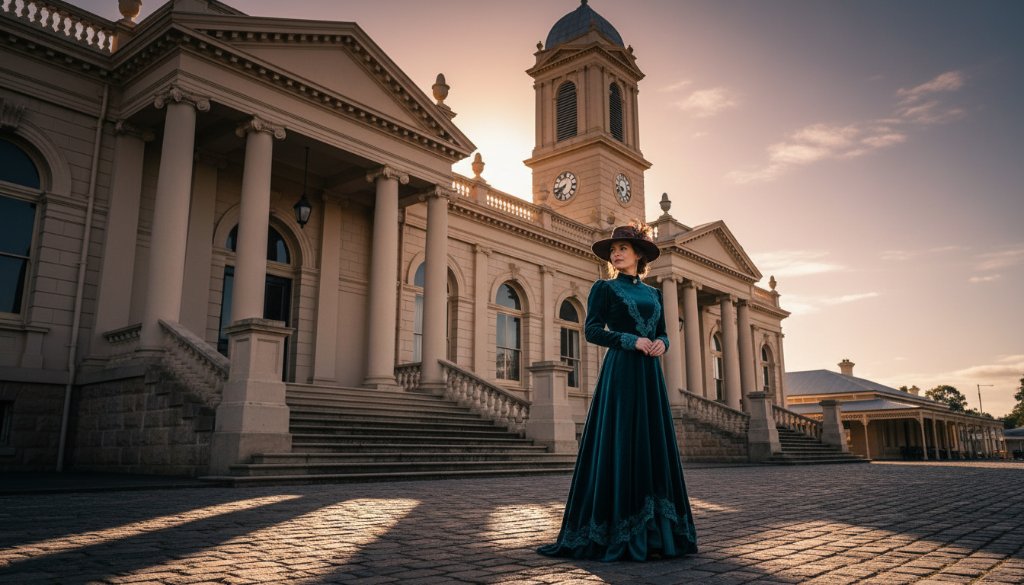 An epic, dramatically lit fine art photograph capturing the historic charm of Castlemaine at dusk, with a silhouetted figure standing near a grand heritage building, showcasing Castlemaine fine art photography capturing historic charm.
