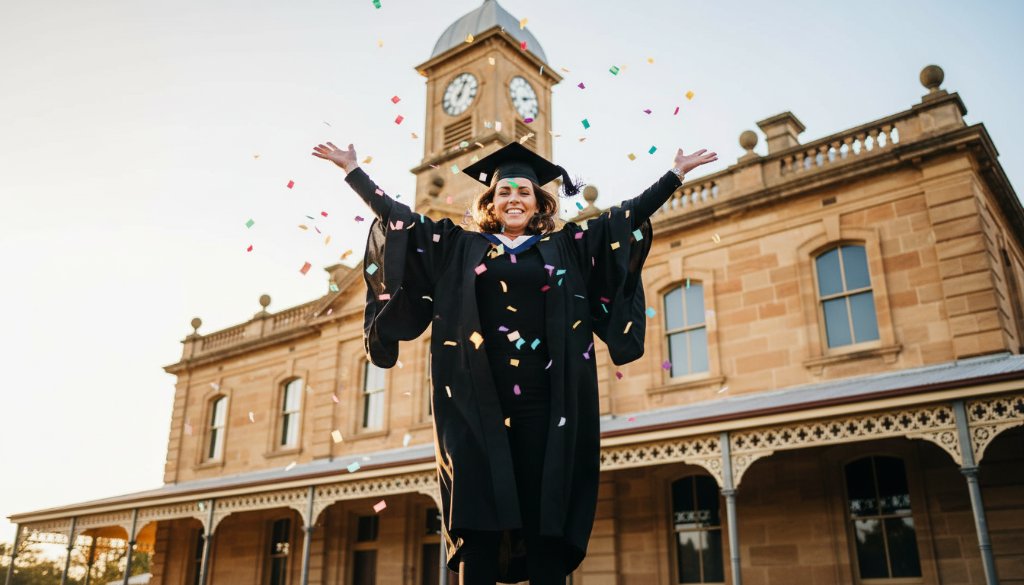 A jubilant graduate in their cap and gown, framed against the historic brickwork of the Castlemaine Gaol, tossing their mortarboard high into the golden hour sky, exemplifying Castlemaine graduation photography capturing authentic milestone moments, with dramatic lens flare and a shallow depth of field.