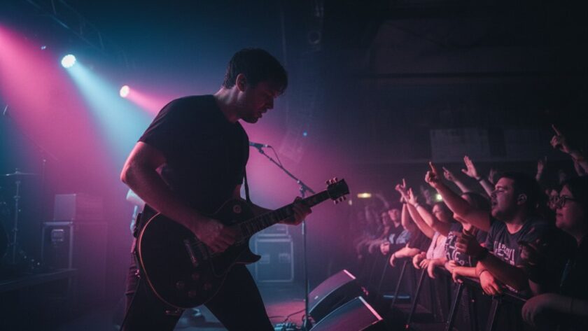 An epic, dynamic shot of a lead guitarist mid-shred on stage at a vibrant Castlemaine live music venue, capturing the intense energy and passion of the moment, perfect for illustrating the best Castlemaine live music photography moments. Dramatic lighting, blurred audience in background.