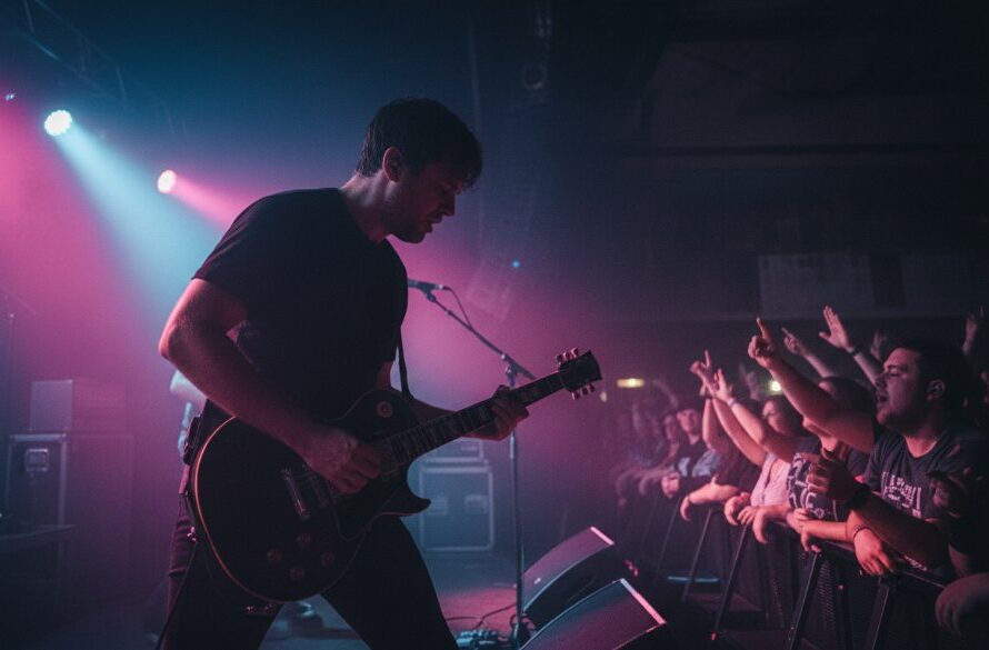 An epic, dynamic shot of a lead guitarist mid-shred on stage at a vibrant Castlemaine live music venue, capturing the intense energy and passion of the moment, perfect for illustrating the best Castlemaine live music photography moments. Dramatic lighting, blurred audience in background.