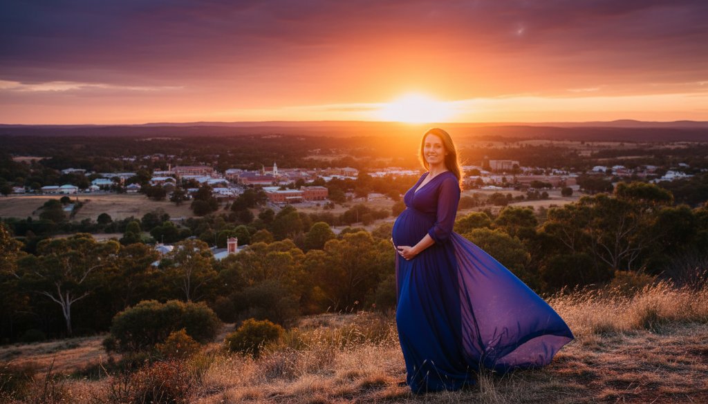 An epic moment: A pregnant woman silhouetted against a dramatic Castlemaine sunset, captured in breathtaking Castlemaine maternity photography sunset portraits, evoking warmth and anticipation.