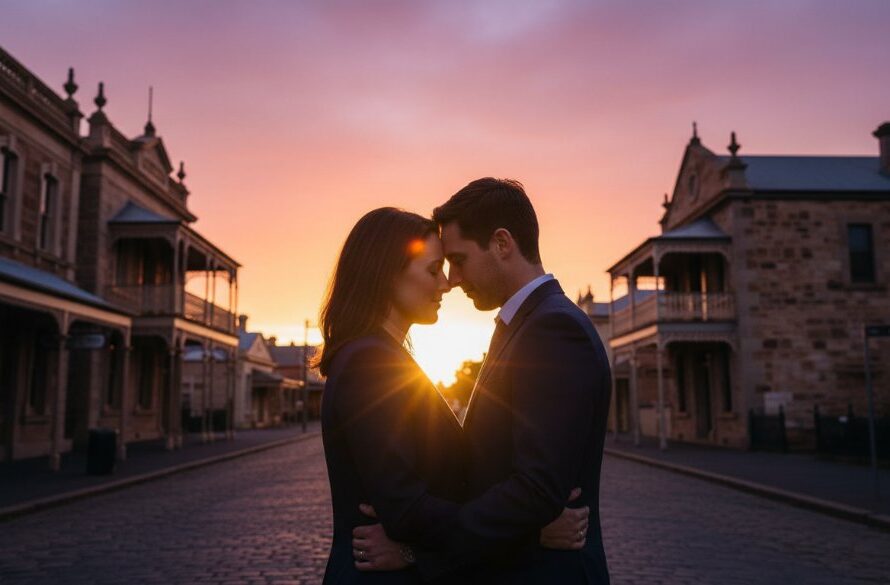 A dramatic and intimate moment captured during a Castlemaine pre-wedding photography experience, featuring a couple embracing against the warm glow of a golden hour sunset over historic architecture, showcasing deep emotional connection.